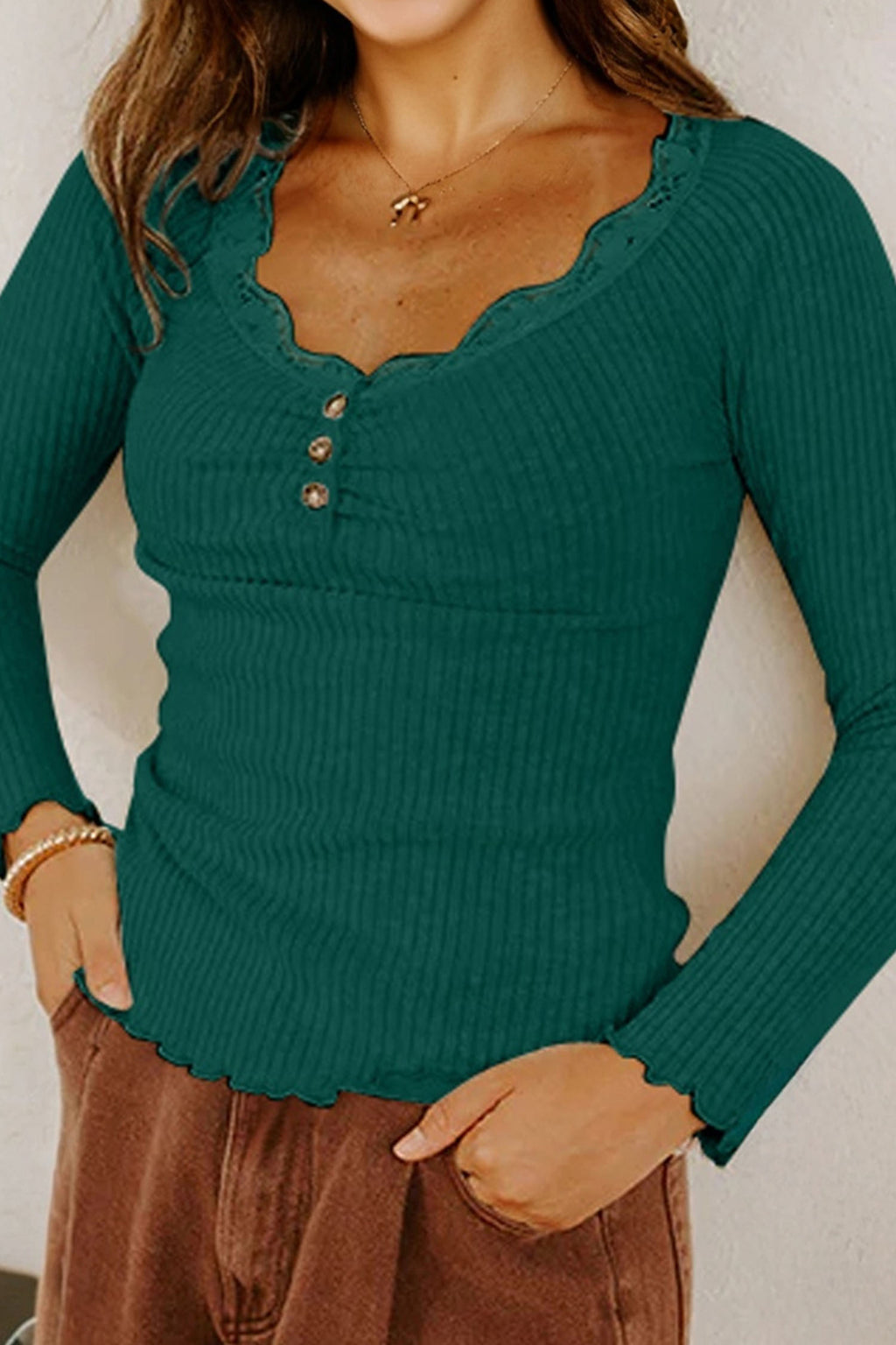 Beige Lace Neckline Button Decor Lettuce Edge Long Sleeve Ribbed Top