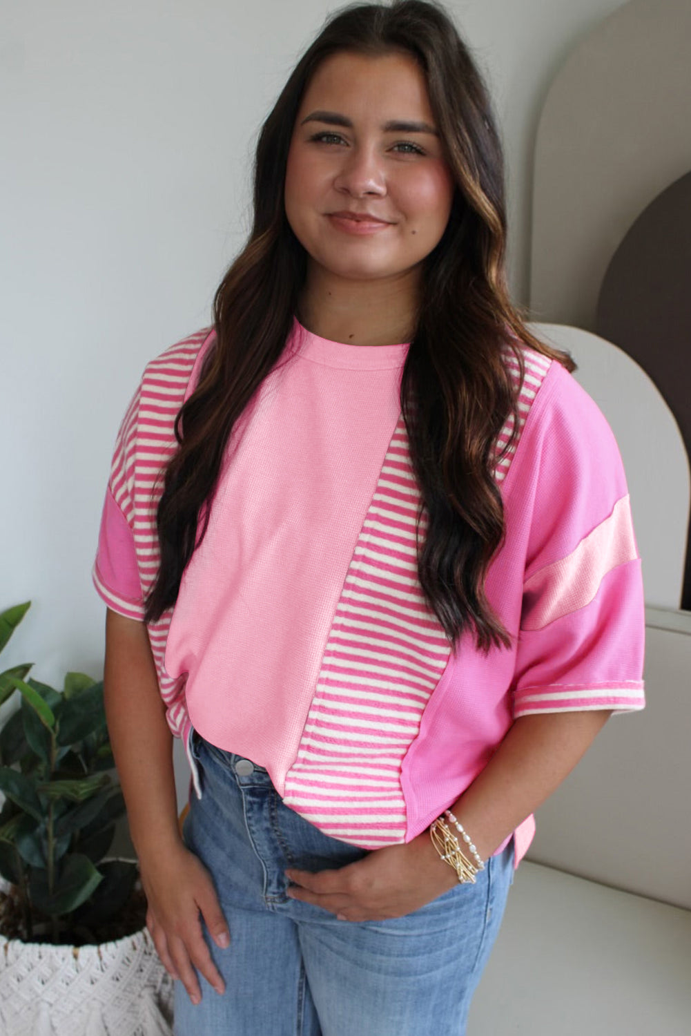 Green Stripe Patchwork Colorblock Plus Size T Shirt