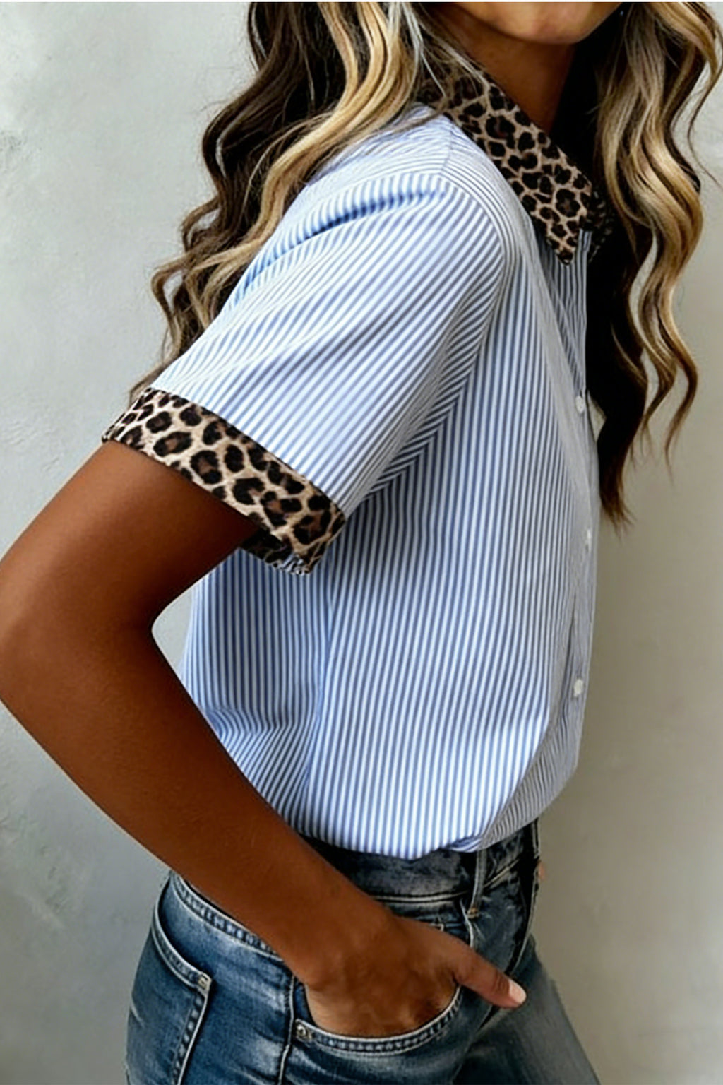 Green Stripe Leopard Contrast Collar Short Sleeve Shirt