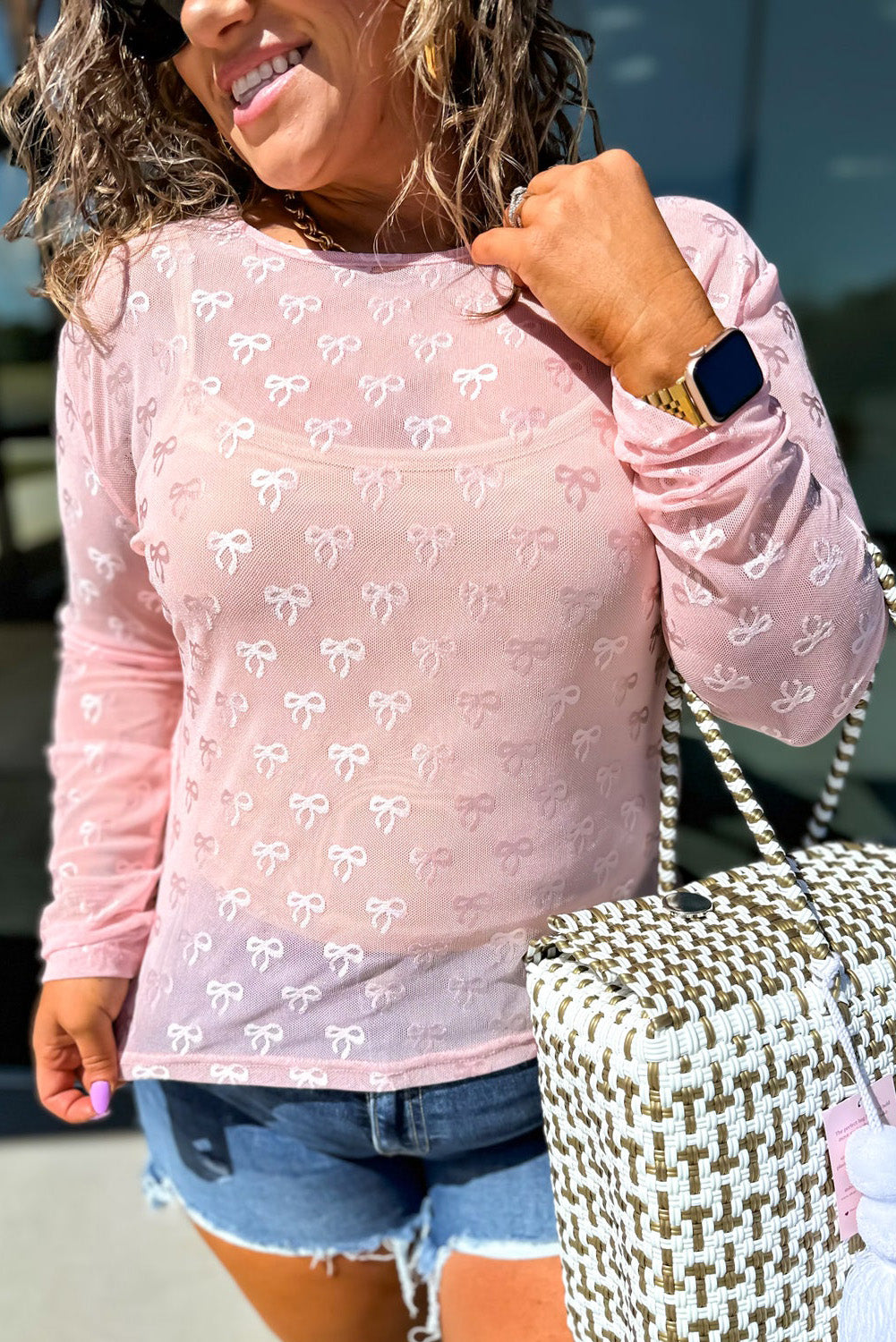 Pink Plus Size Bow Embroidered Mesh Long Sleeve Top