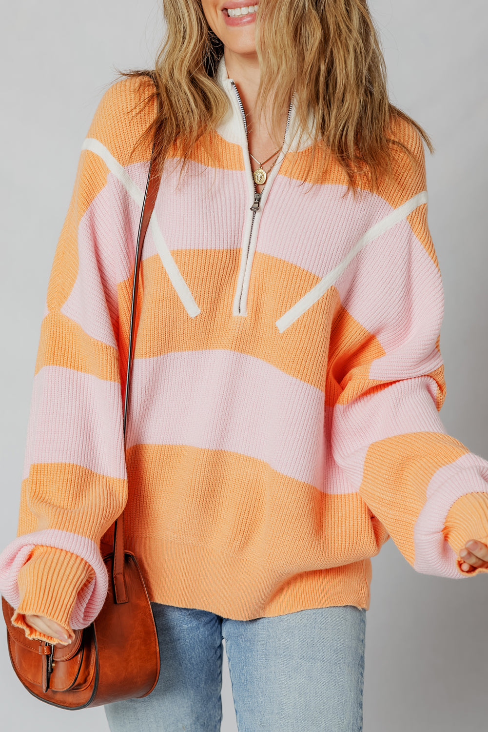Orange Stripe Colorblock Half Zip Oversize Sweater