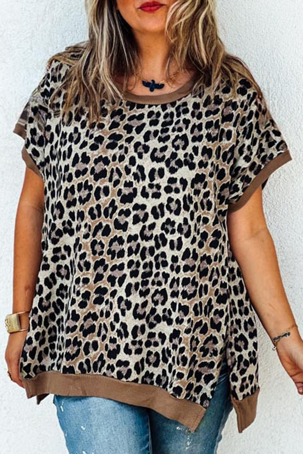 Khaki Leopard Contrast Trim Short Sleeve Loose Plus Size Top