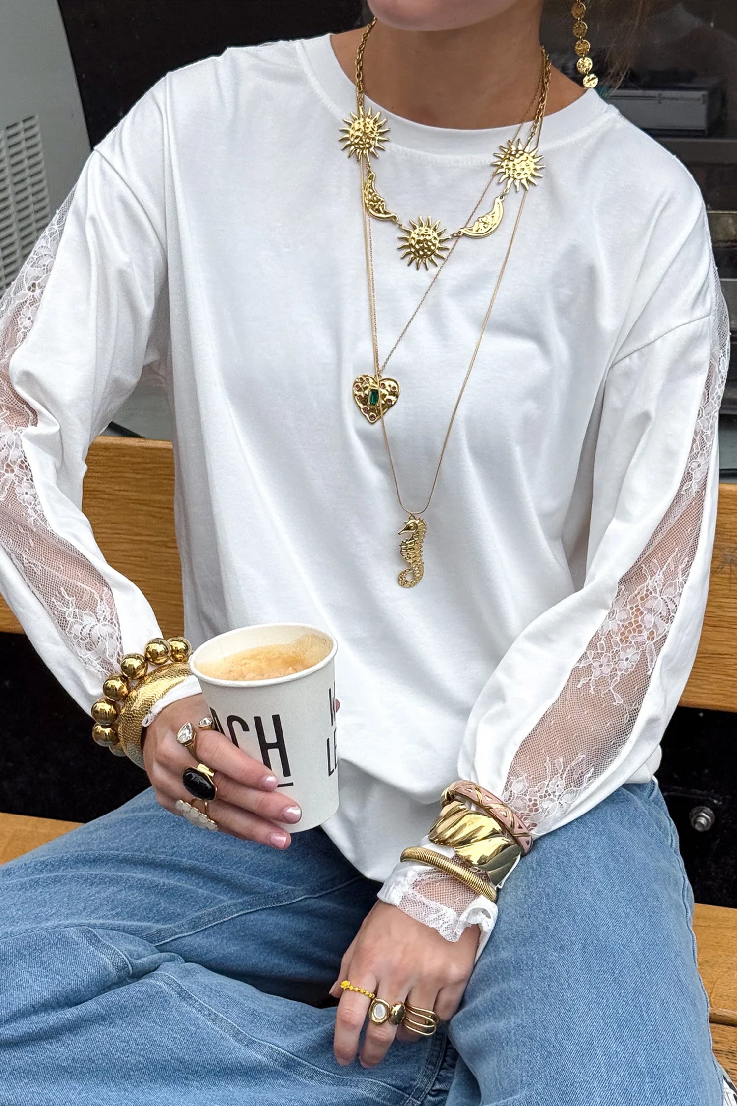 White Lace Patchwork Round Neck Casual Long Sleeve Top