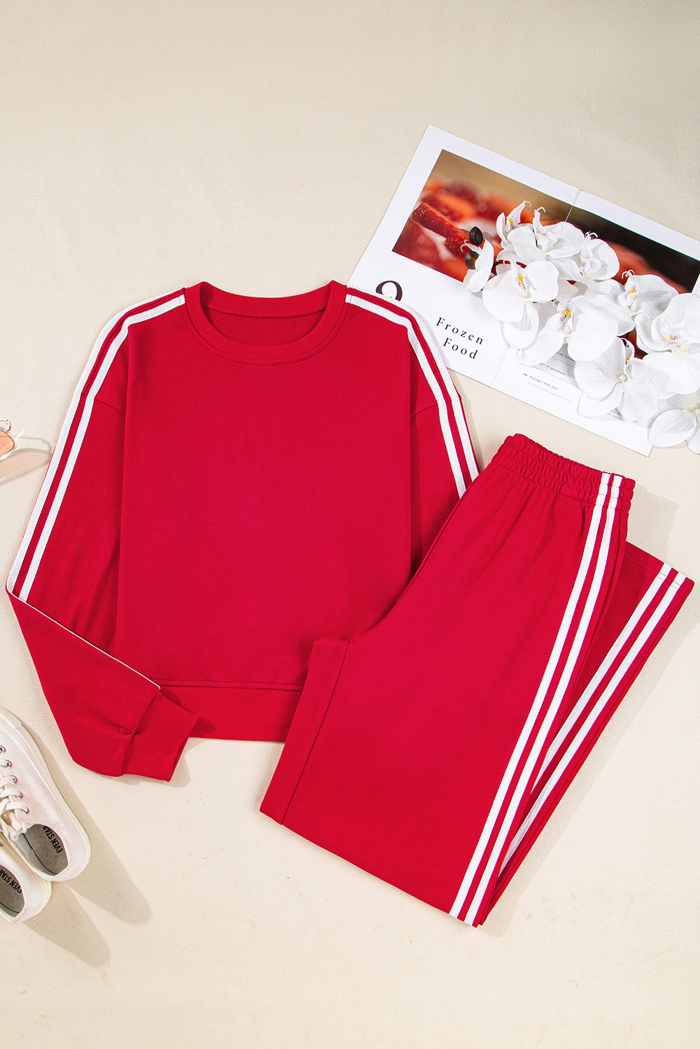 Black Varsity Striped Detail Crewneck Pullover Elastic Sweatpants 2pcs Outfit