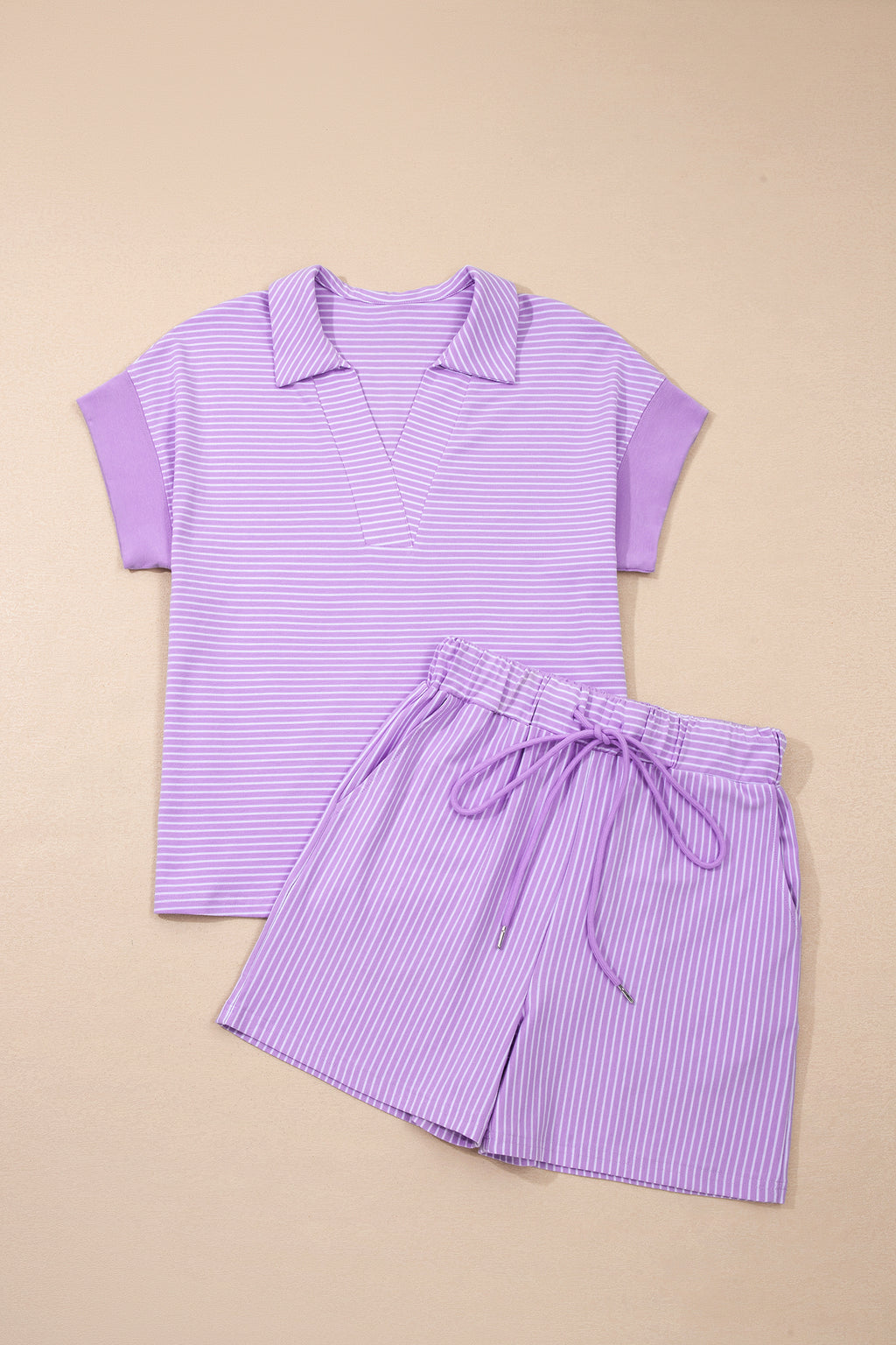 Pink Stripe Dolman Sleeve Polo Shirt and Drawstring Shorts Set