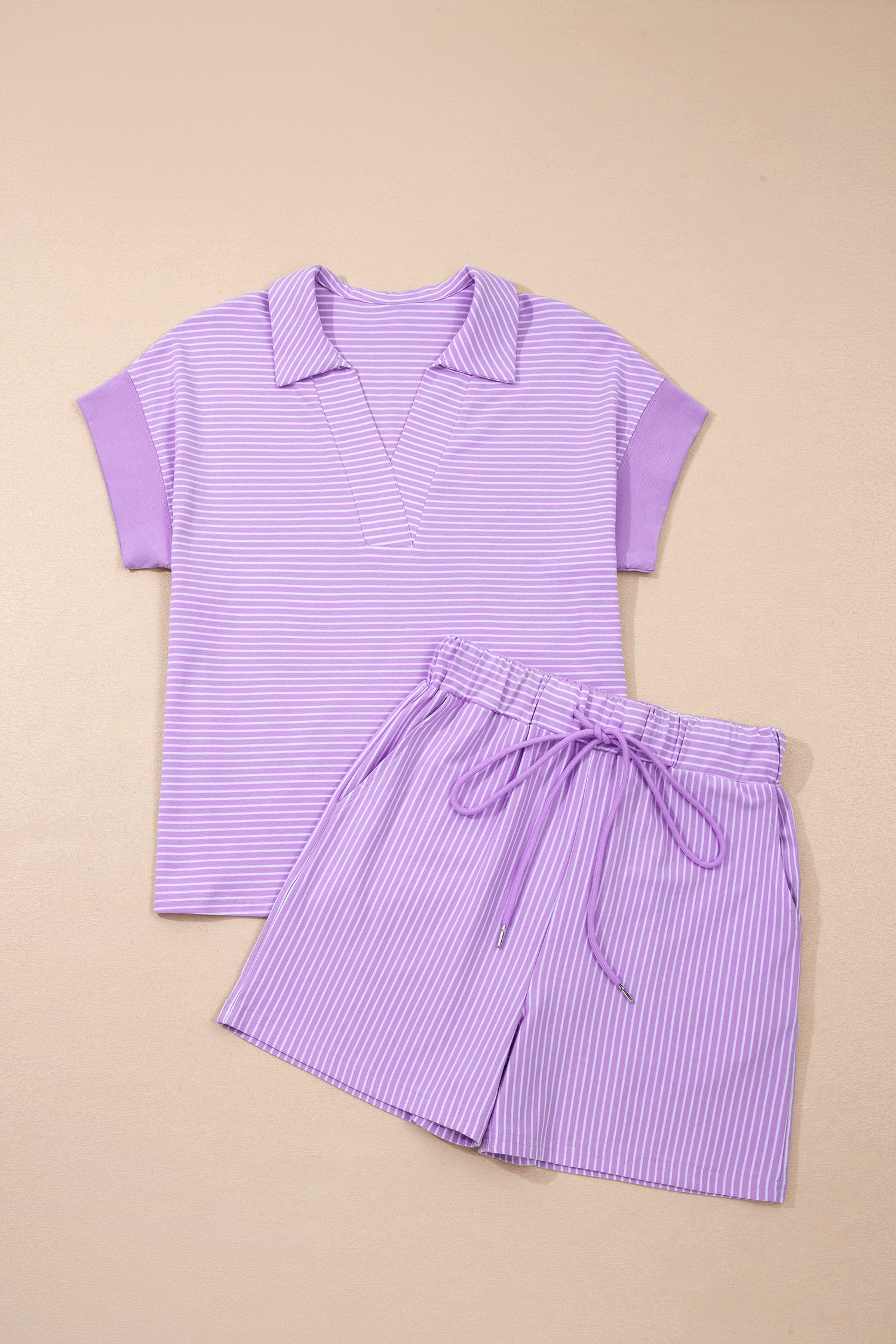 Pink Stripe Dolman Sleeve Polo Shirt and Drawstring Shorts Set