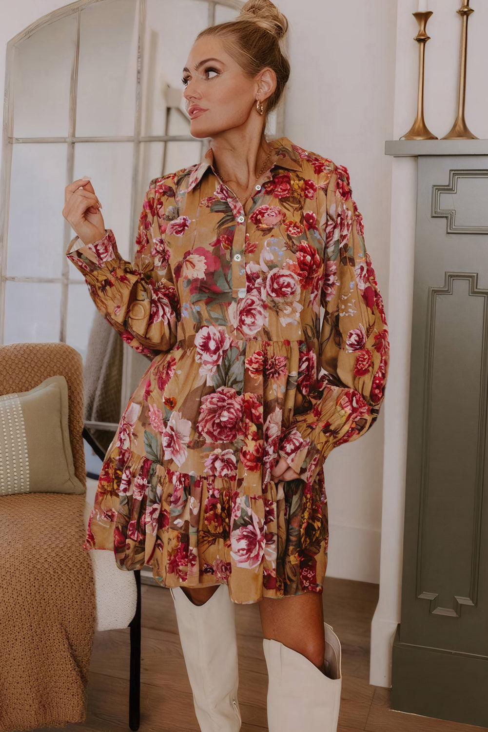 Brown Vintage Floral Print Shirt Style Half Button Long Sleeve Ruffle Mini Dress