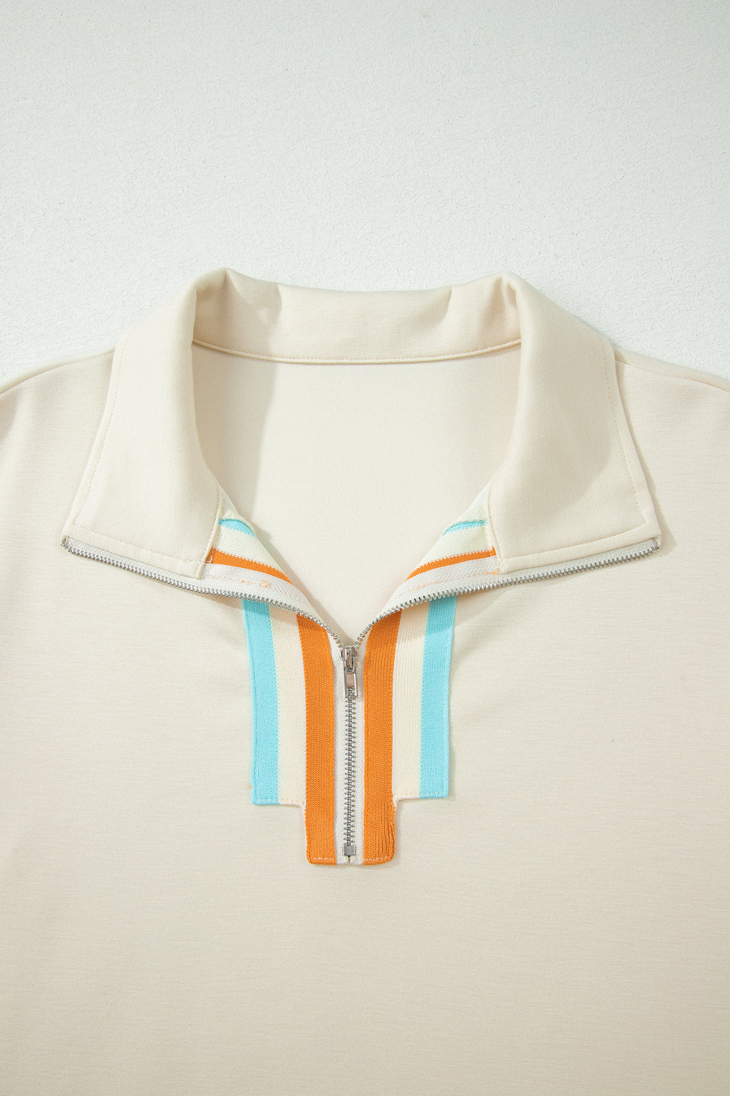 Apricot Colorful Striped Detail Half Zip Polo Tee Loose Shorts Set