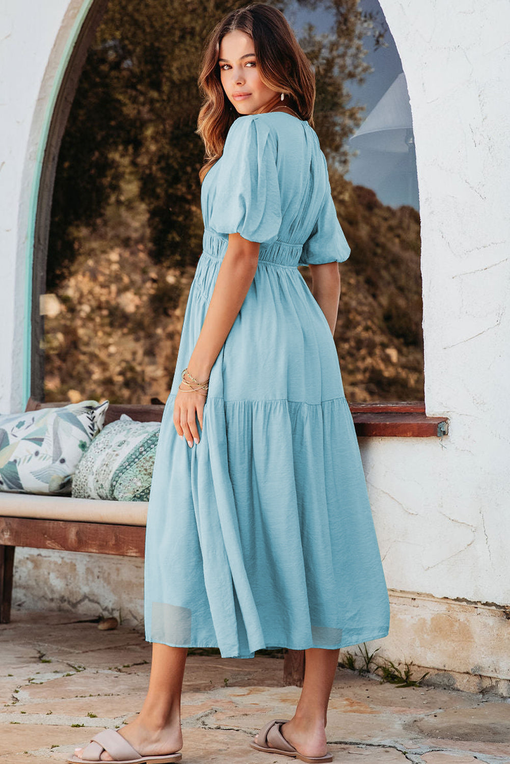 Pink Puff Sleeve Pleated High Waist Flowy Long Dress
