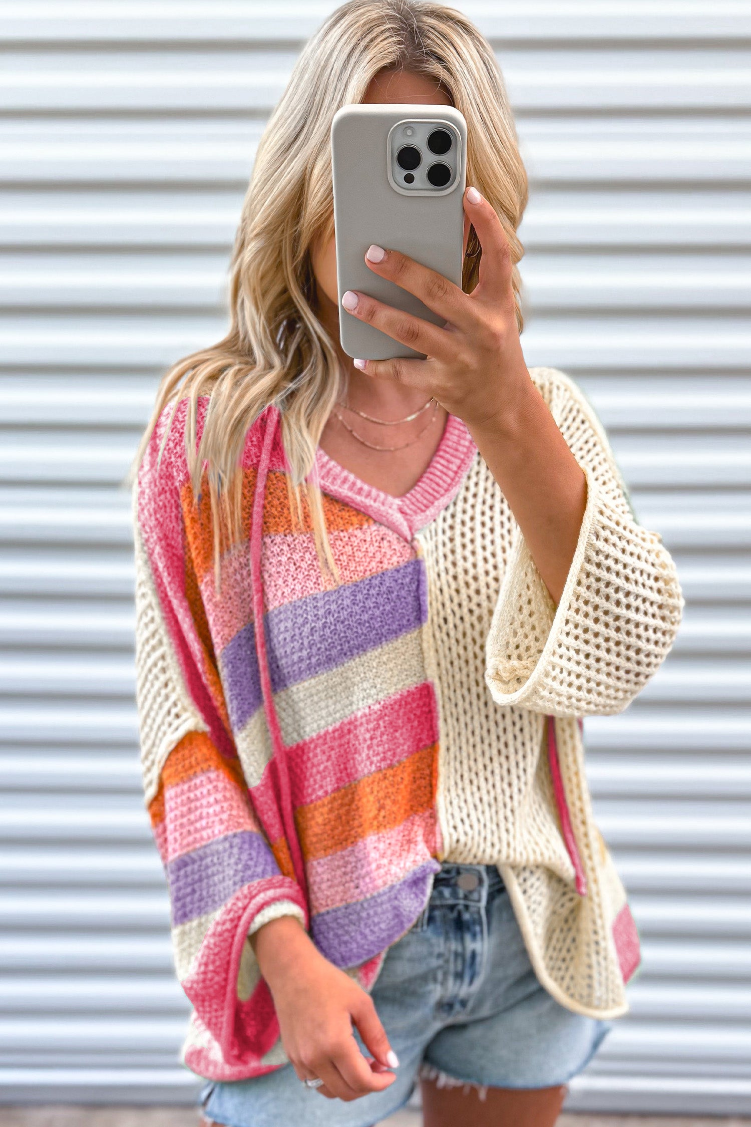 Beige Oversized Colorblock V Neck Hooded Sweater