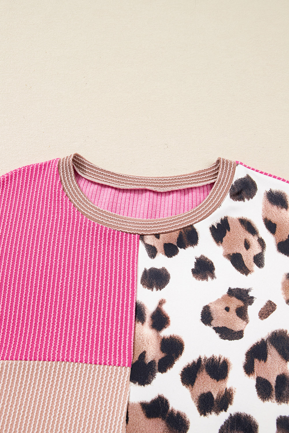 Rose Red Plus Size Twisted Ribbed Color Block Leopard Patchwork Long Sleeve Top