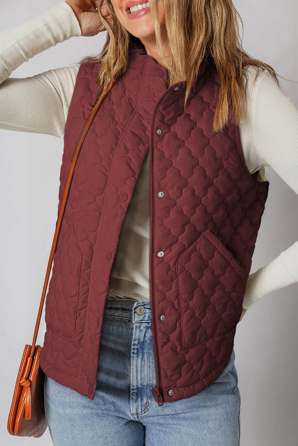 Dark Brown Flower Shape Quilted Snap Button Zip Up Winter Vest