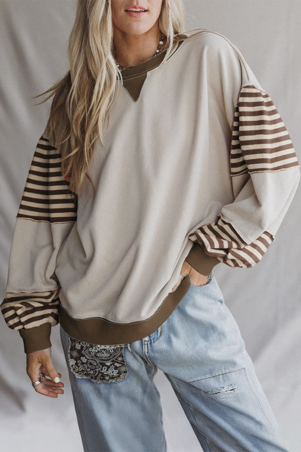 Parchment Striped Colorblock Patchwork Drop Shoulder Sweatshirt