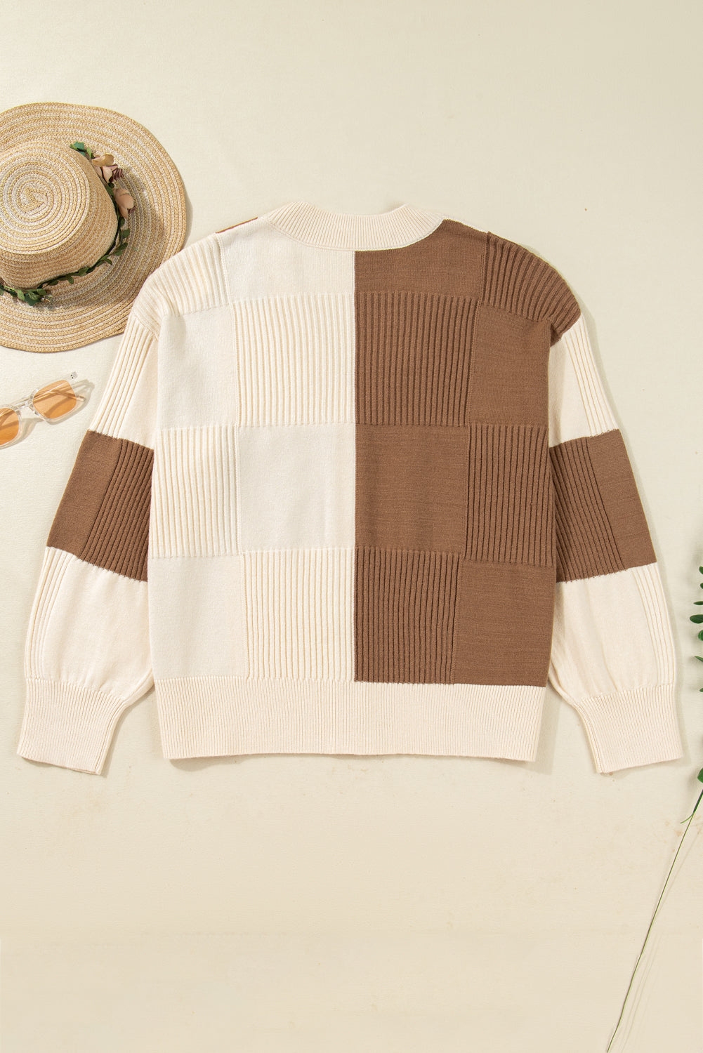 Khaki Checkered Ribbed Texture Knit Plus Size Cardigan Sweater