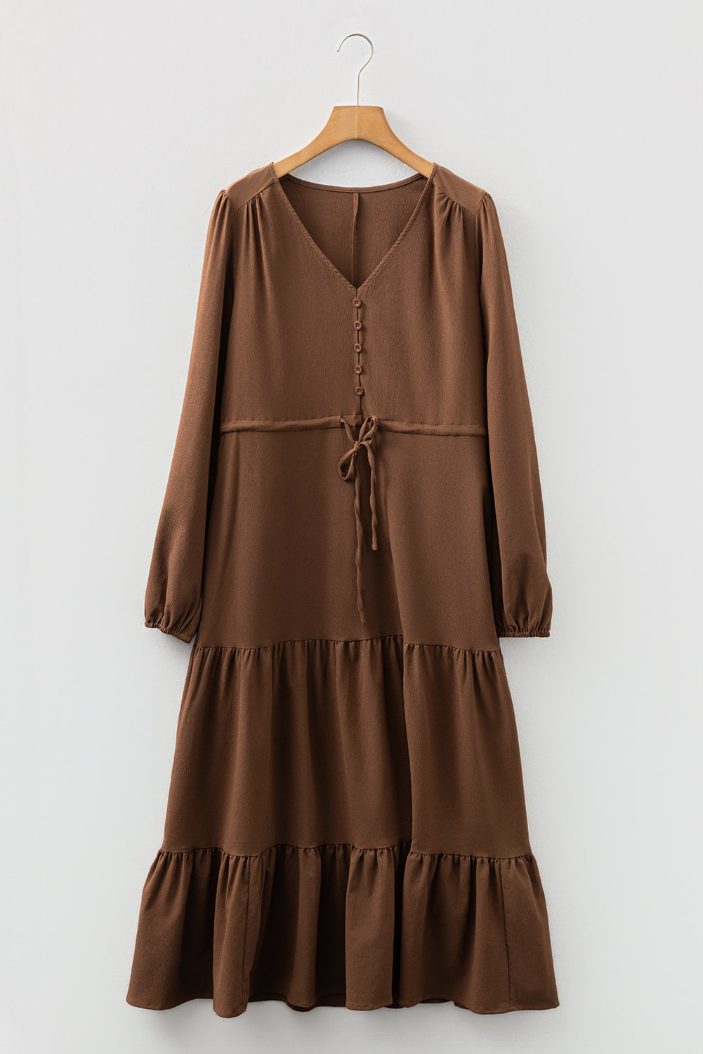 Chestnut Solid Long Sleeve Button V Neck Tiered Maxi Dress