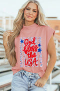 Pink God bless the USA Floral American Flag Print High Neck Short Sleeve Top