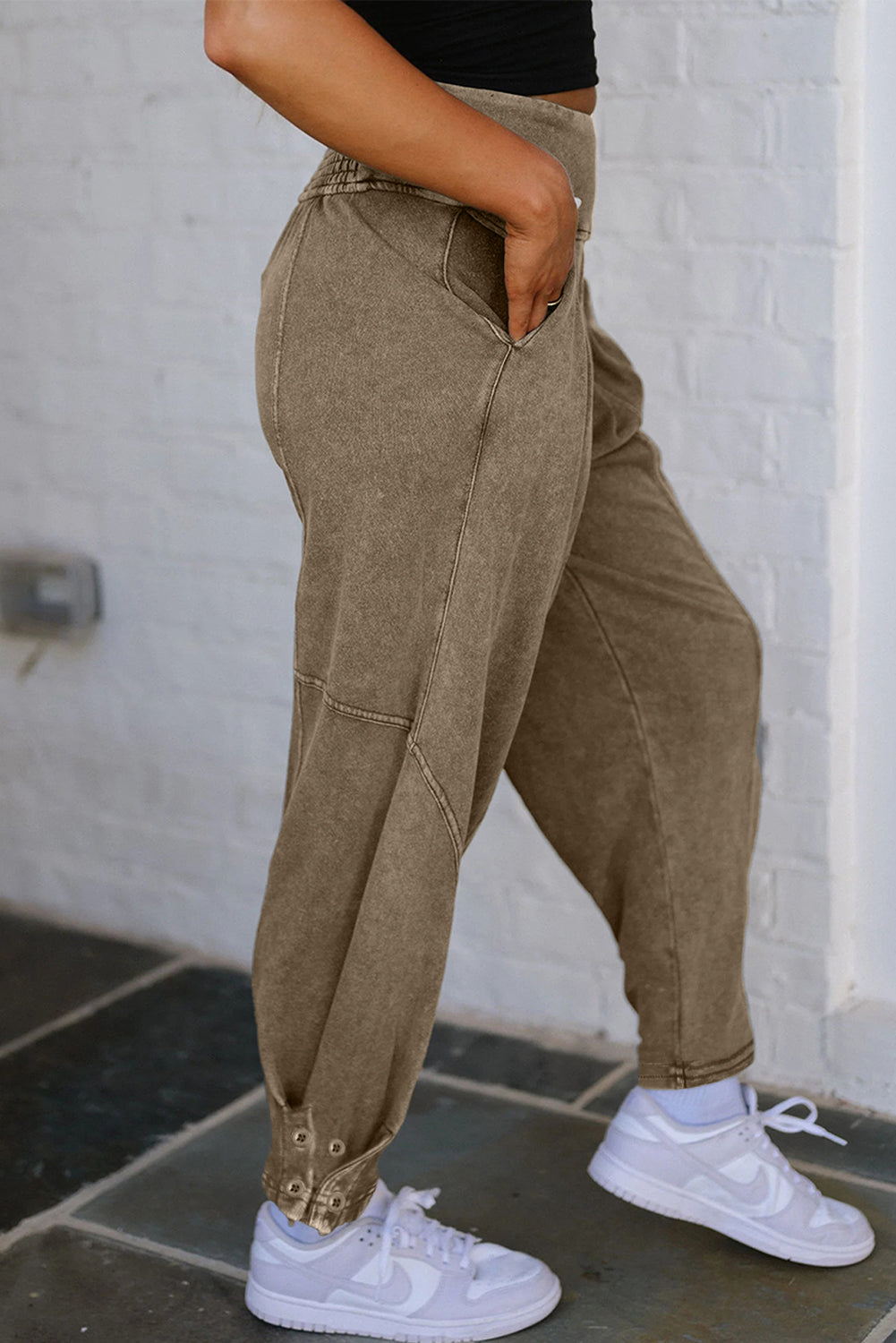 Medium Grey Mineral Wash Jogger Style High Waist Casual Pants