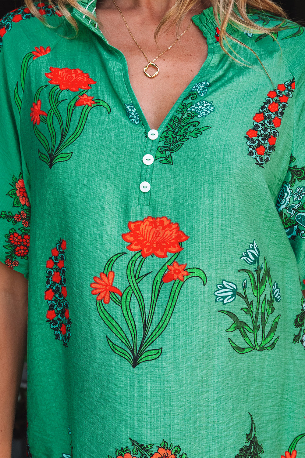 Bright Green Floral Print Buttoned V Neck Short Sleeve Blouse
