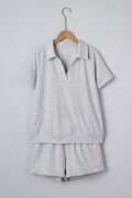 Light Grey Collared V Neck Tee Drawstring Elastic Waist Shorts 2pcs Outfit