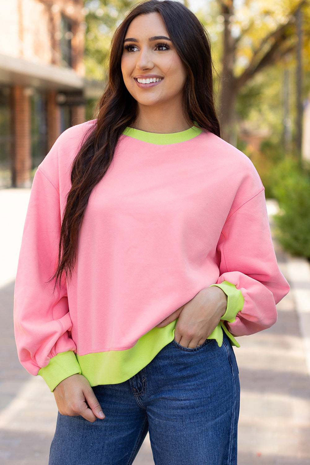 Blue Colorblock Bubble Sleeve Sweatshirt