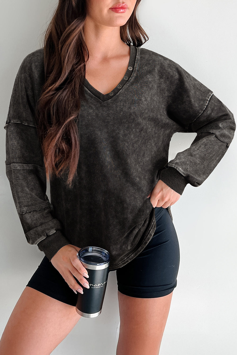 Mist Blue Mineral Wash Exposed Seam Buttoned V Neck Pullover Top