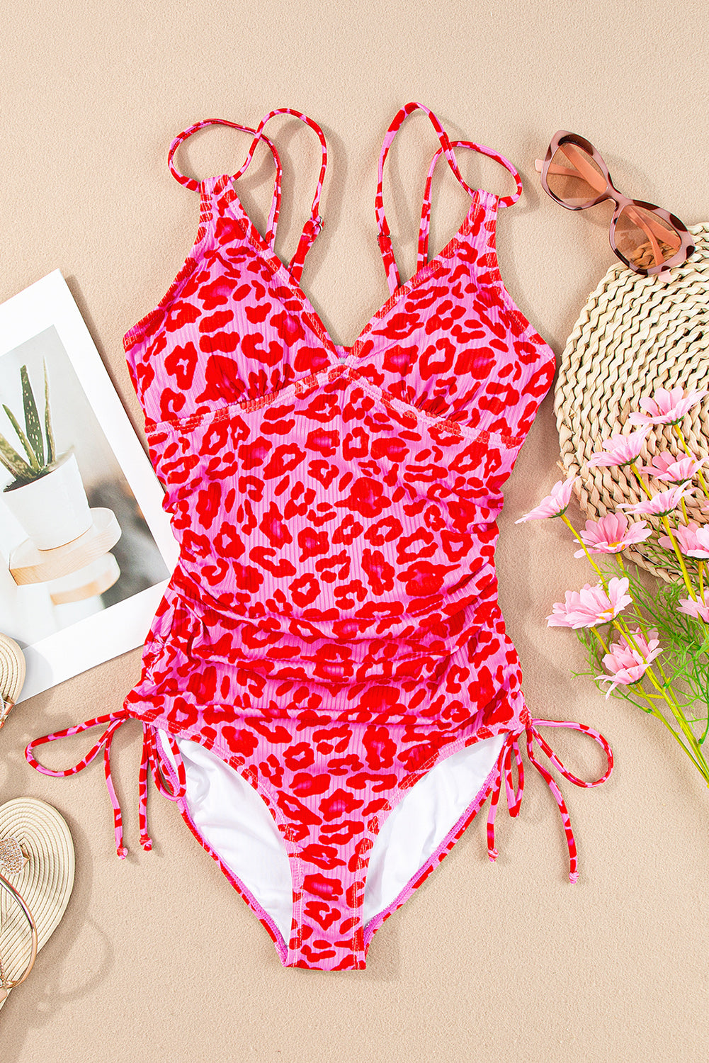 Orange Adjustable Straps Ribbed Knit One Piece Swimsuit