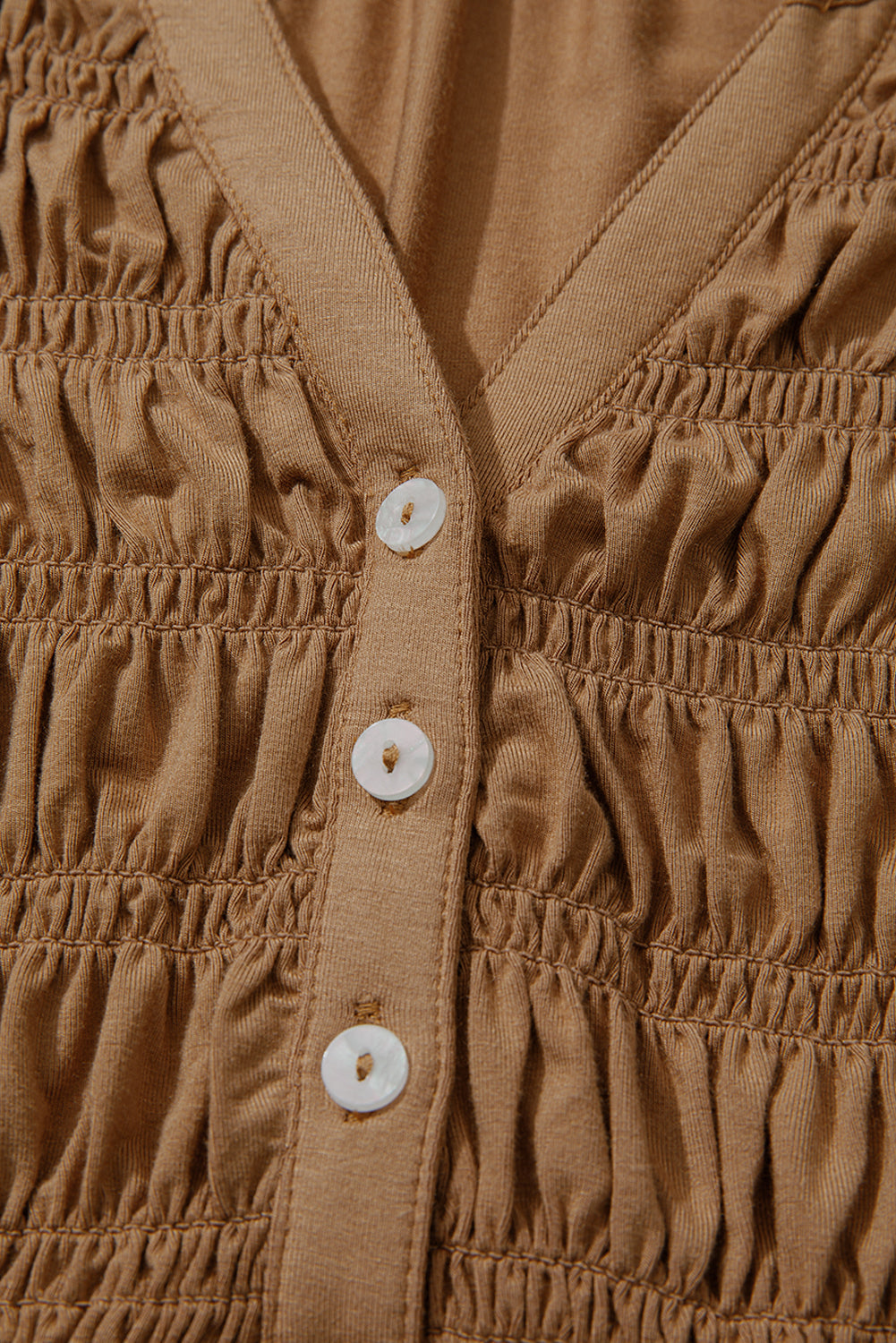 Cinnamon Smocked Bust Buttoned Split V Neck Flow Fit Blouse