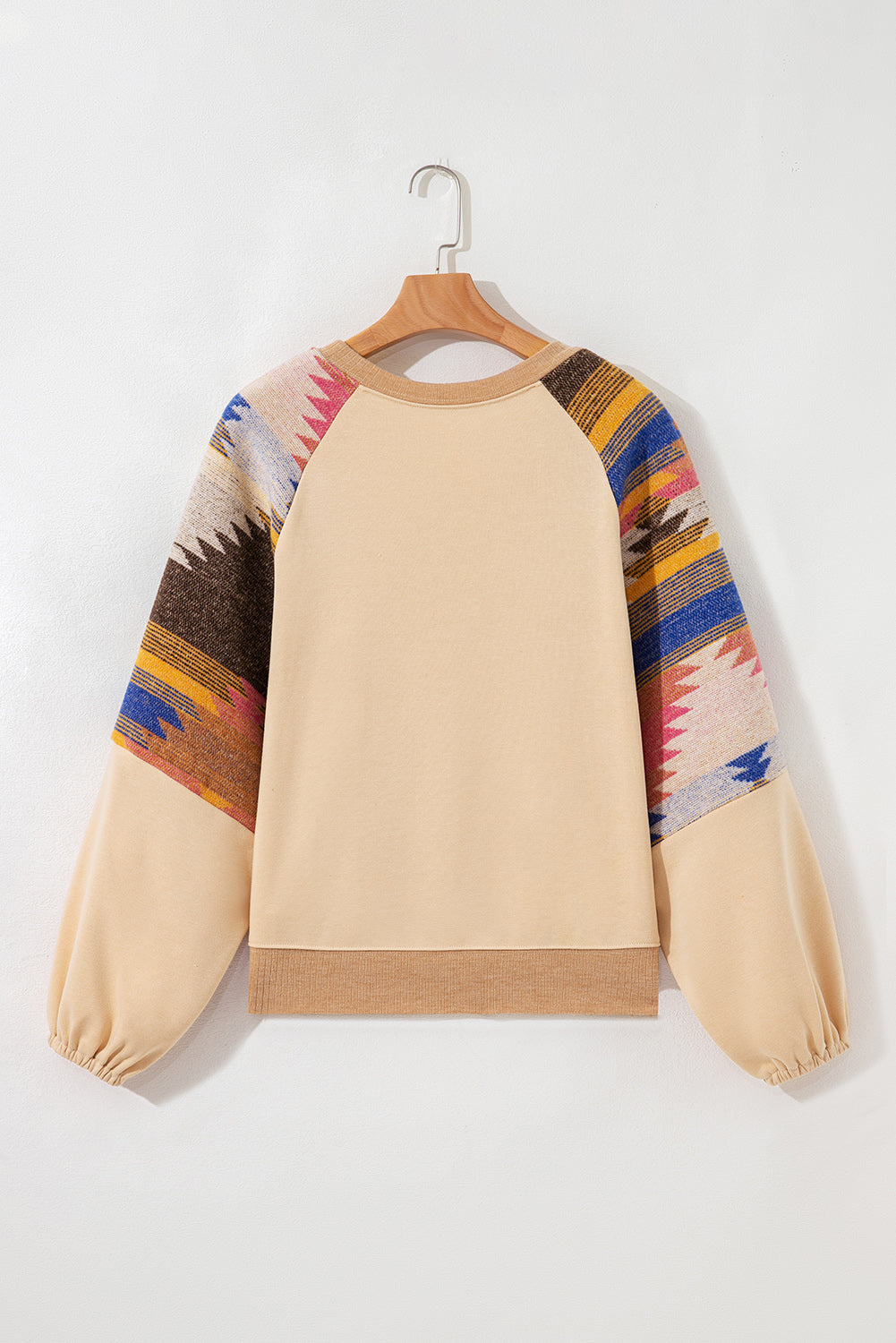 Light French Beige Aztec Patchwork Raglan Pullover Sweatshirt