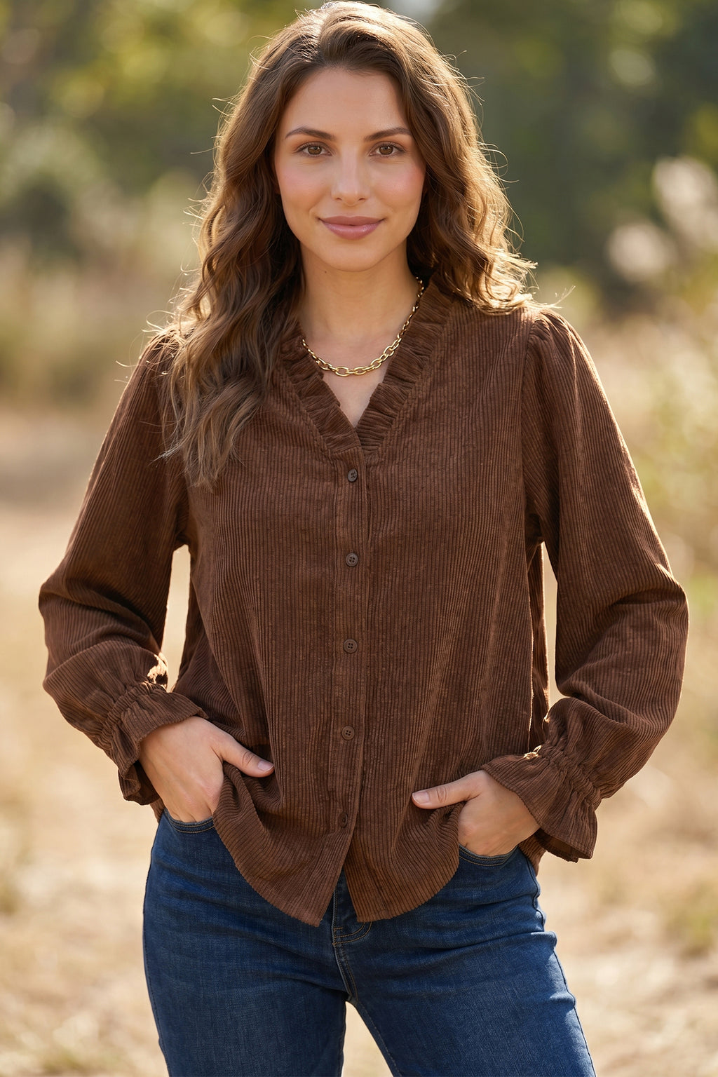 Coffee Solid Color Ruffle Trim V Neck Long Sleeve Button Corduroy Shakcet