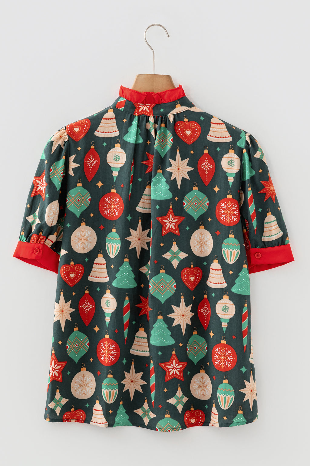 Green Christmas Fashion Print Contrast Trim Frilled Neck Short Sleeve Blouse