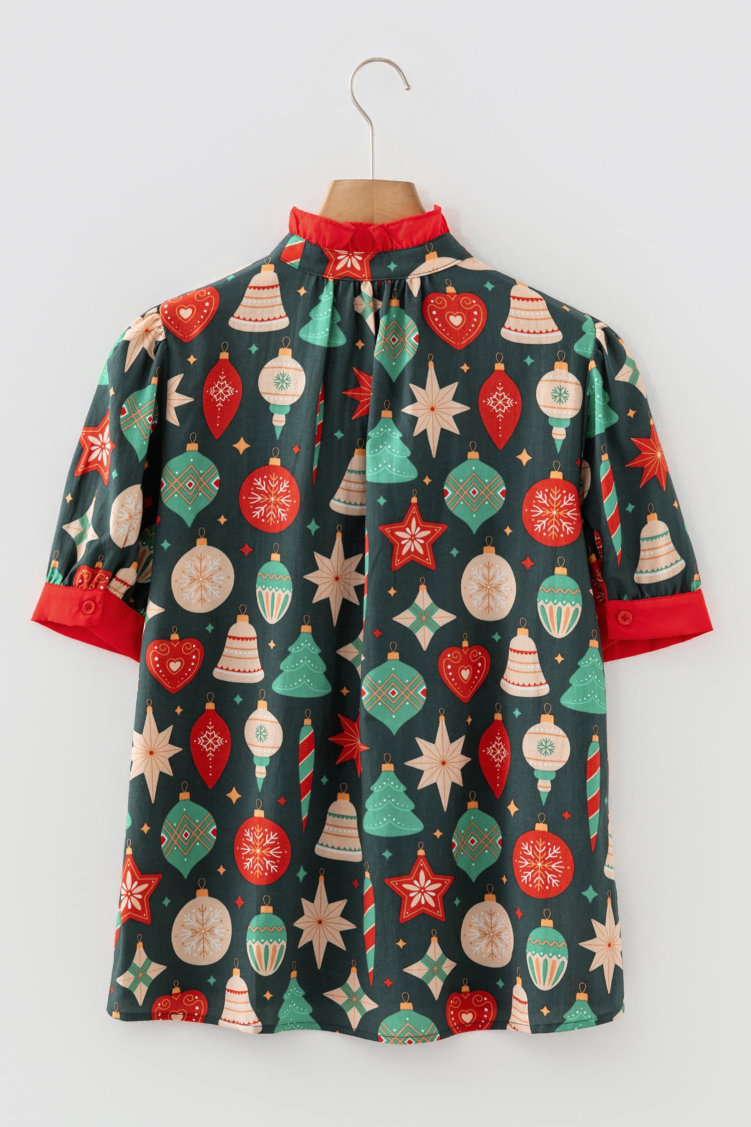 Green Christmas Fashion Print Contrast Trim Frilled Neck Short Sleeve Blouse