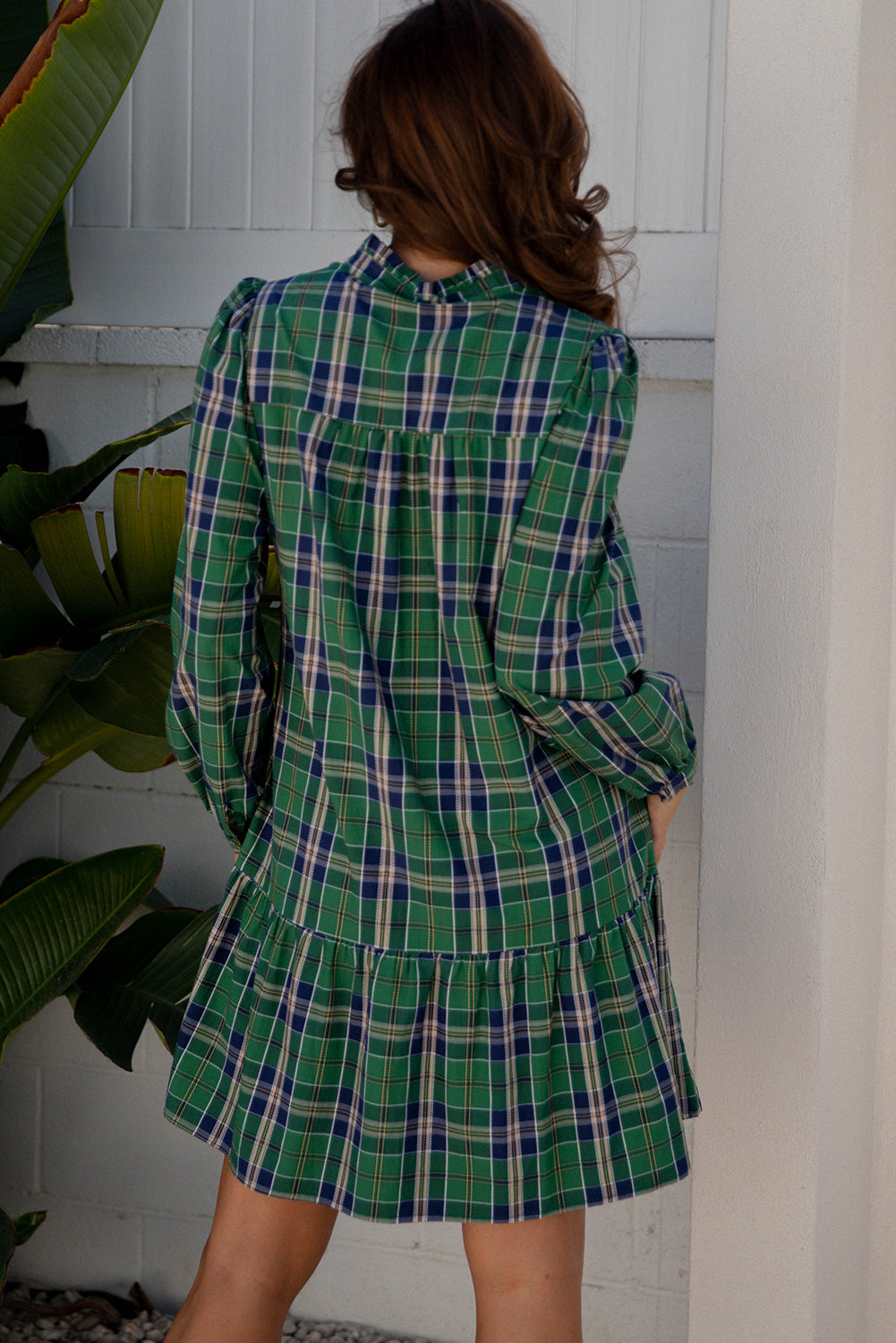 Green Plaid Print Frilly Collar Long Sleeve Shift Mini Dress
