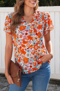 Orange Floral Print V Neck Pleated Ruffle Short Sleeve Blouse
