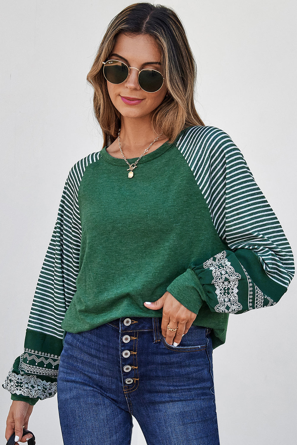 Mineral Red Contrast Print Striped Raglan Long Sleeve Loose Top