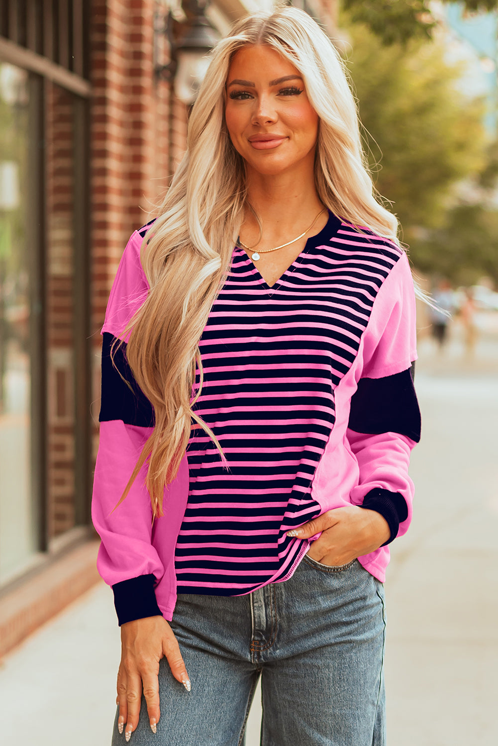Pink Stripe Color Block V Neck Loose Fit Long Sleeve Top