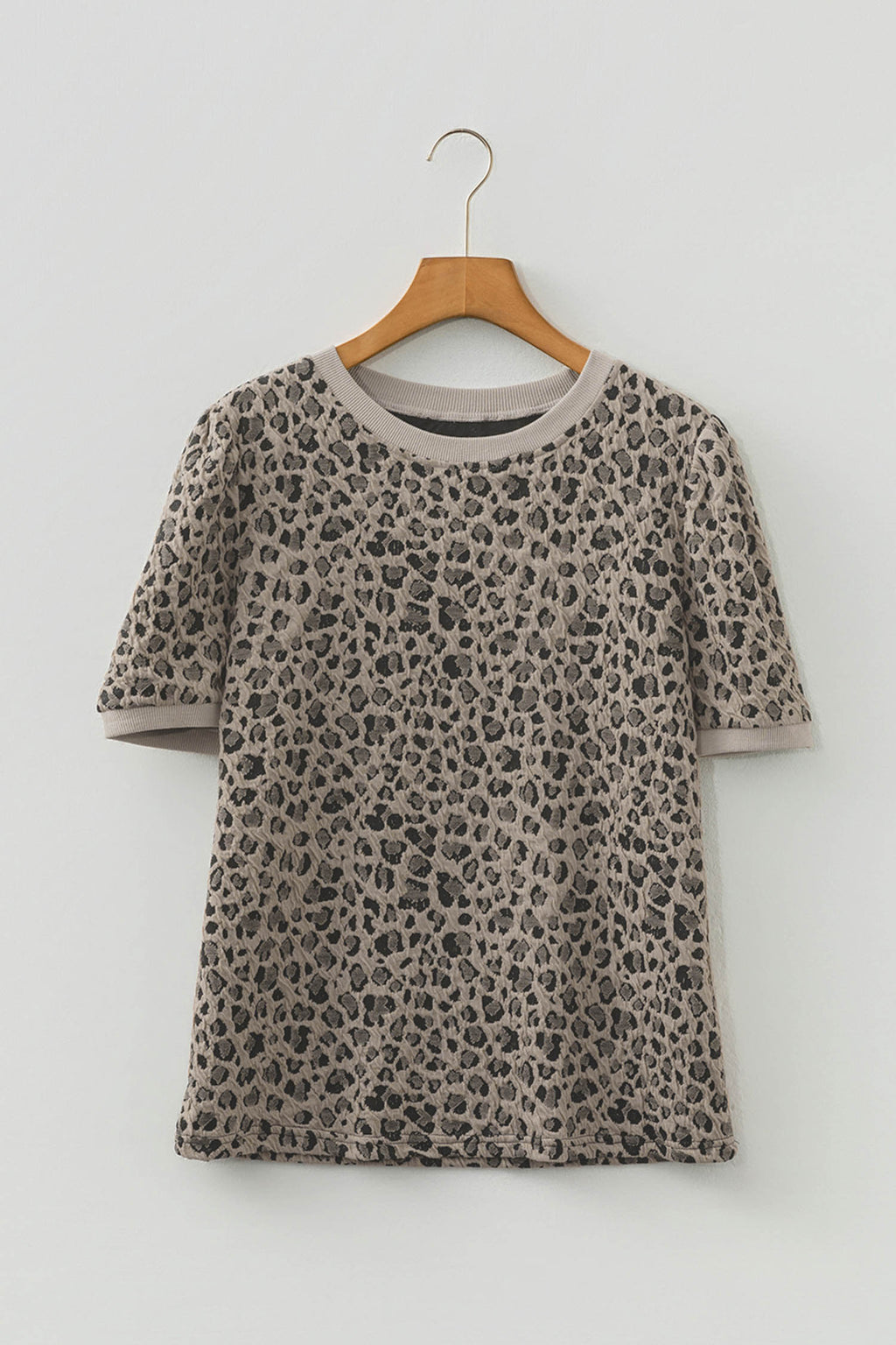 Khaki Textured Leopard Print Crew Neck Short Sleeve Top