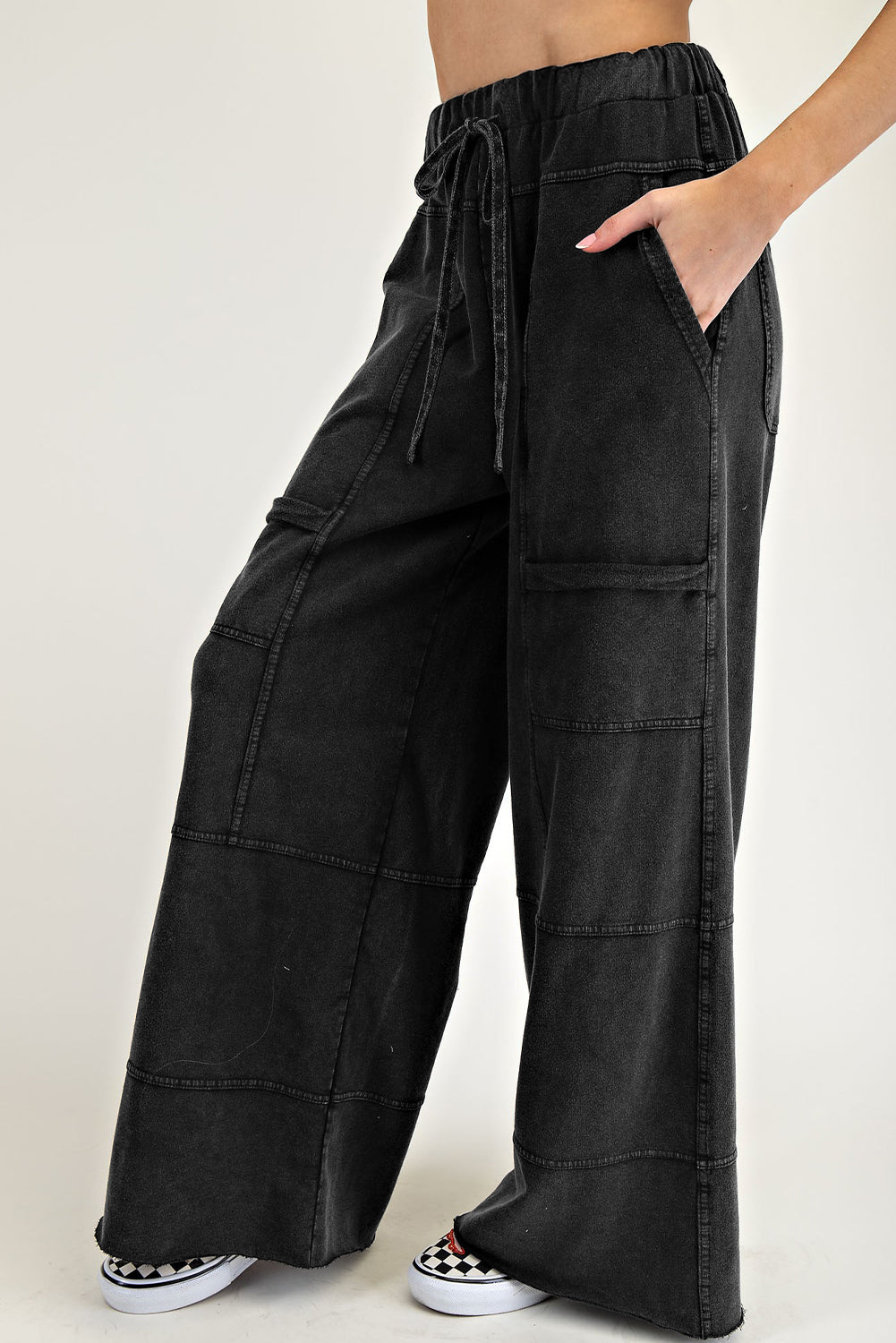Mint Green Mineral Wash Exposed Seam Drawstring High Waist Wide Leg Cargo Pants