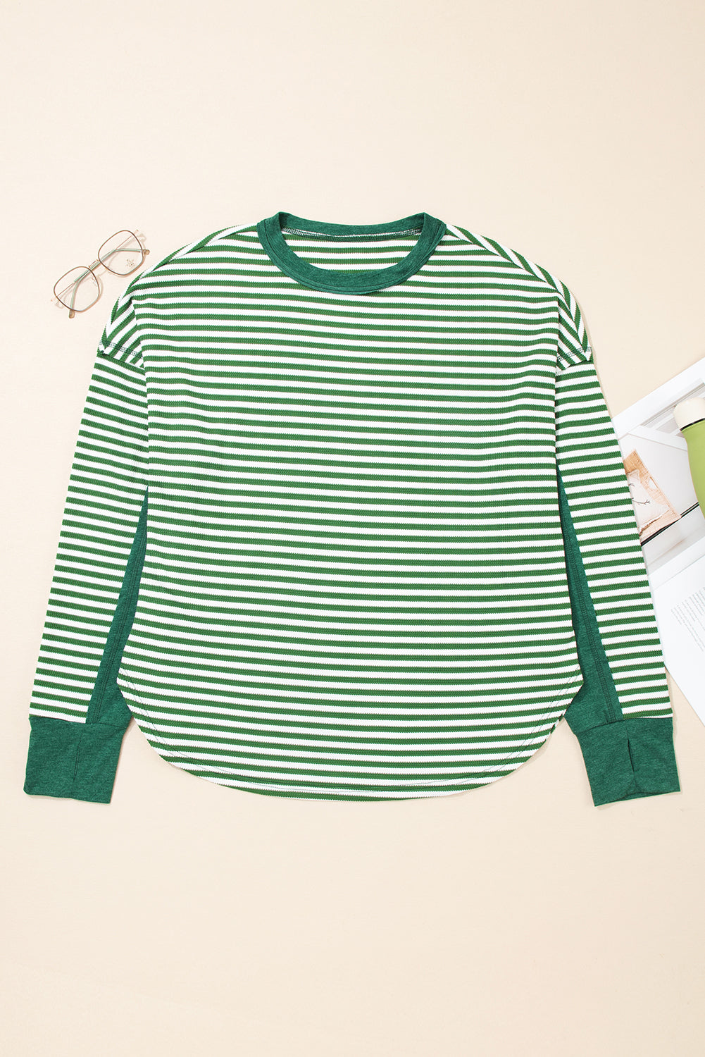 Green Stripe Exposed Seam Patchwork Plus Size Thermal Top