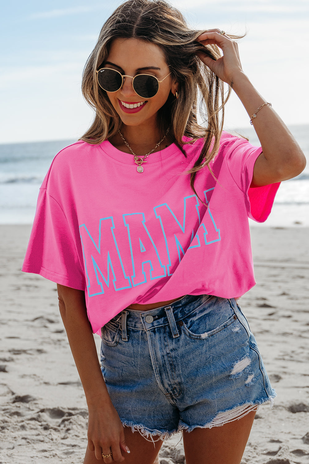 Light Blue MAMA Letter Graphic Neon T Shirt