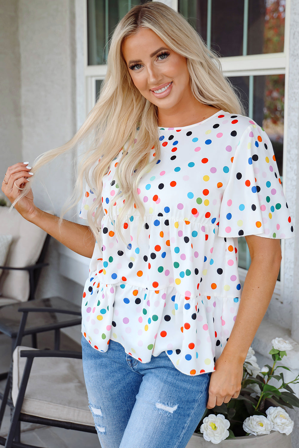 White Colorful Polka Dot Short Sleeve Tiered Ruffled Babydoll Blouse