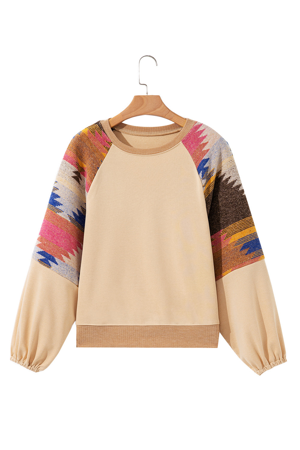 Light French Beige Aztec Patchwork Raglan Pullover Sweatshirt