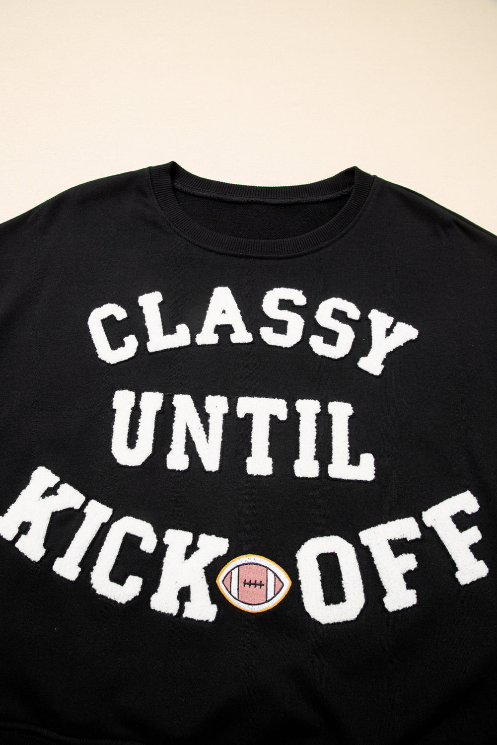 White CLASSY UNTIL KICKOFF Plush Letter Patched Loose Sweatshirt