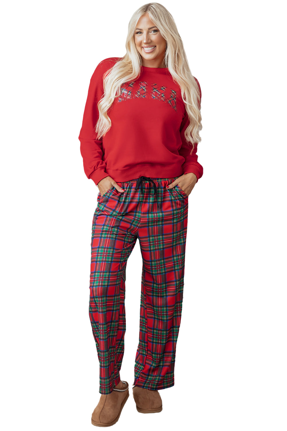 Red Plaid Mama Graphic Christmas Holiday Crewneck Pullover and Pants Two Piece Lounge Set