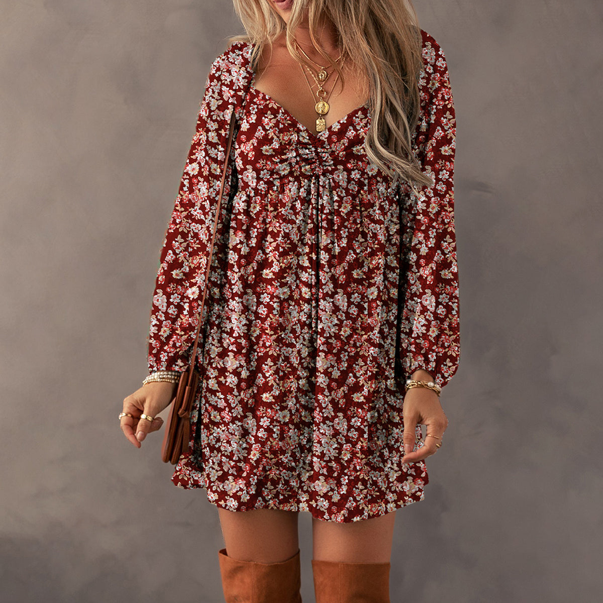 Red Floral Print Sweetheart Neck Shirred Back Mini Dress