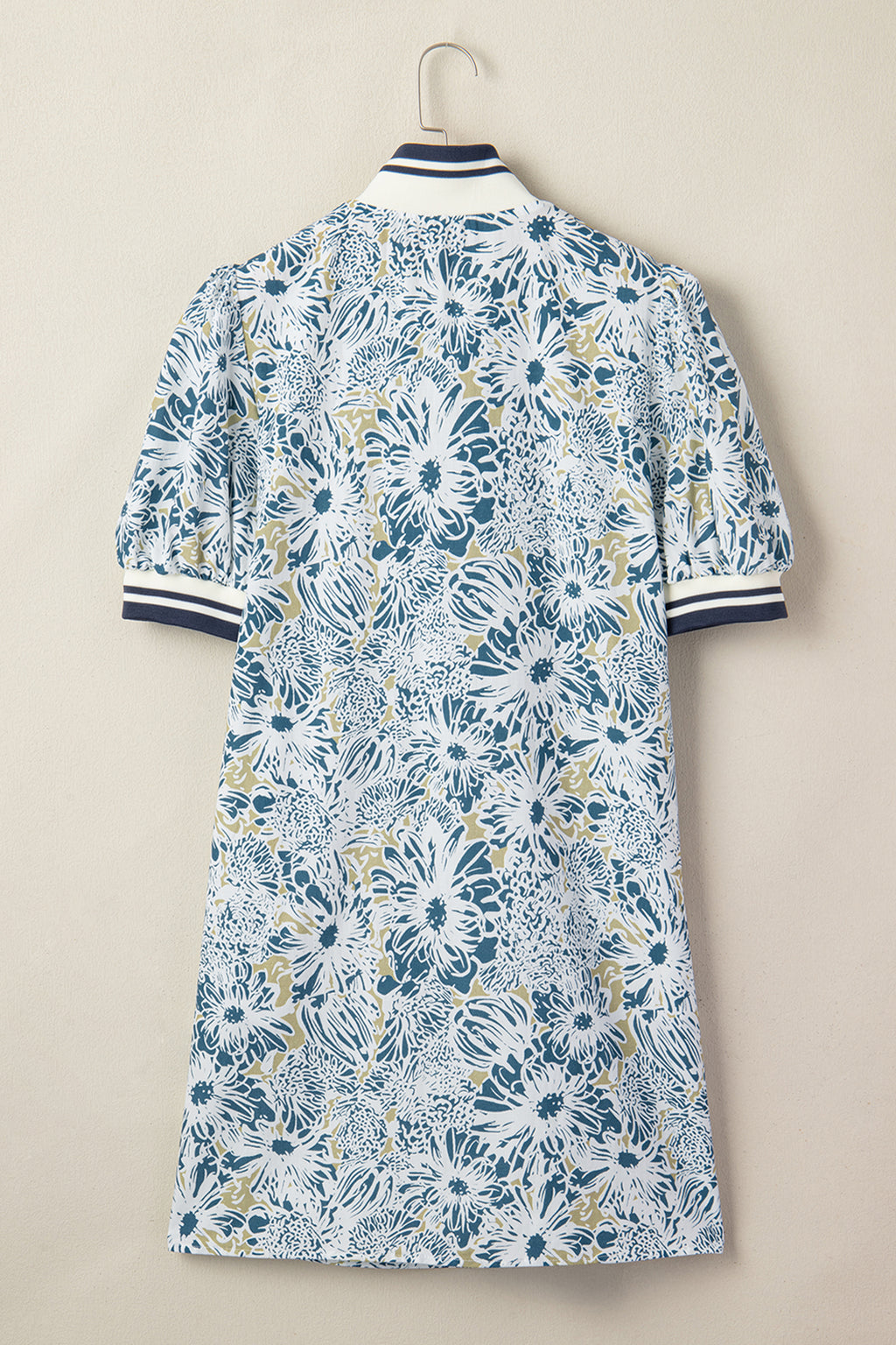 Blue Floral Print Striped Webbing Patchwork Collar Short Sleeve Mini Dress