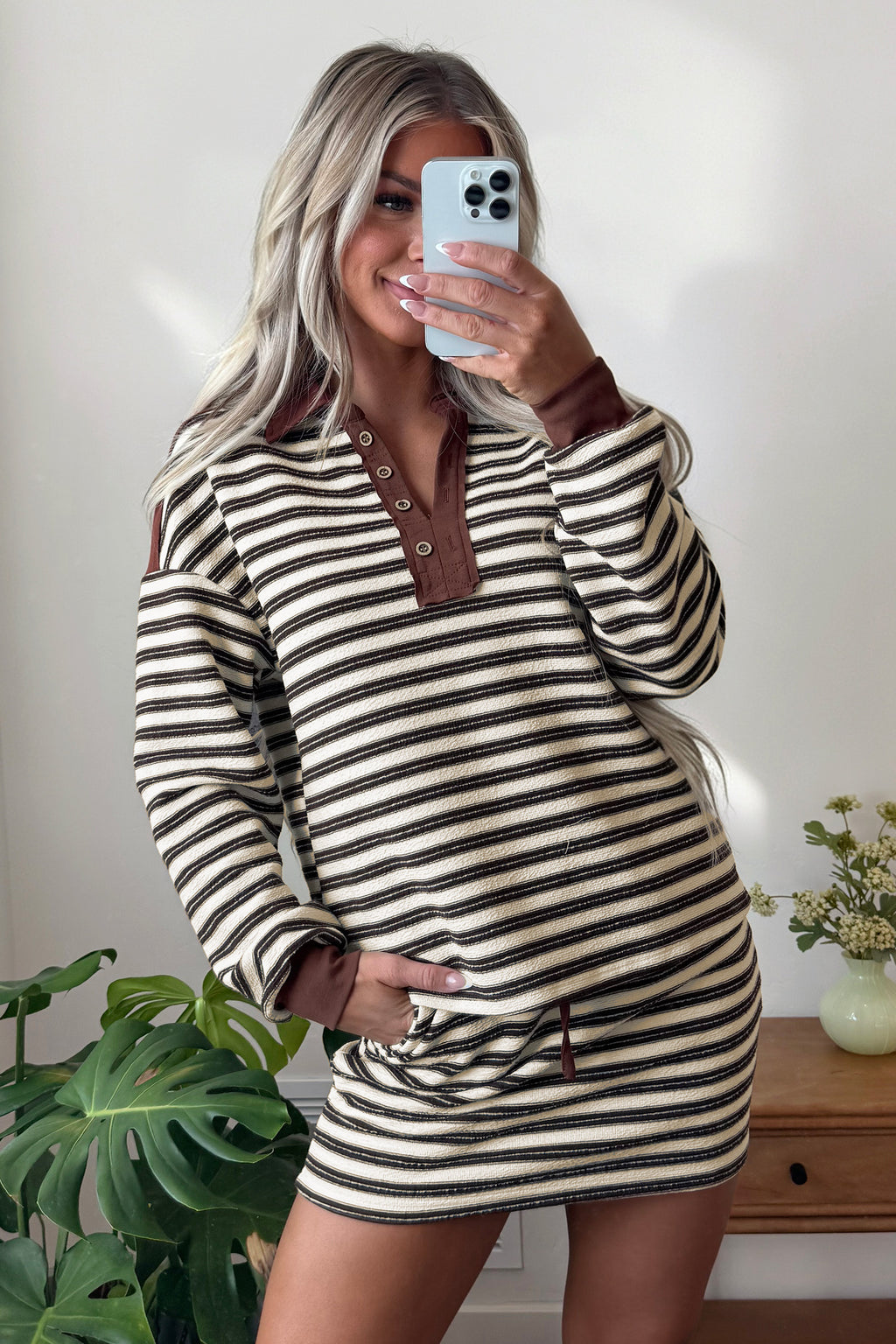 Brown Stripe Contrast Trim Button Neck Long Sleeve Top Drawstring Mini Skirt Set