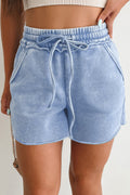 Sky Blue Mineral Washed Drawstring Elastic Waist Raw Cut Shorts