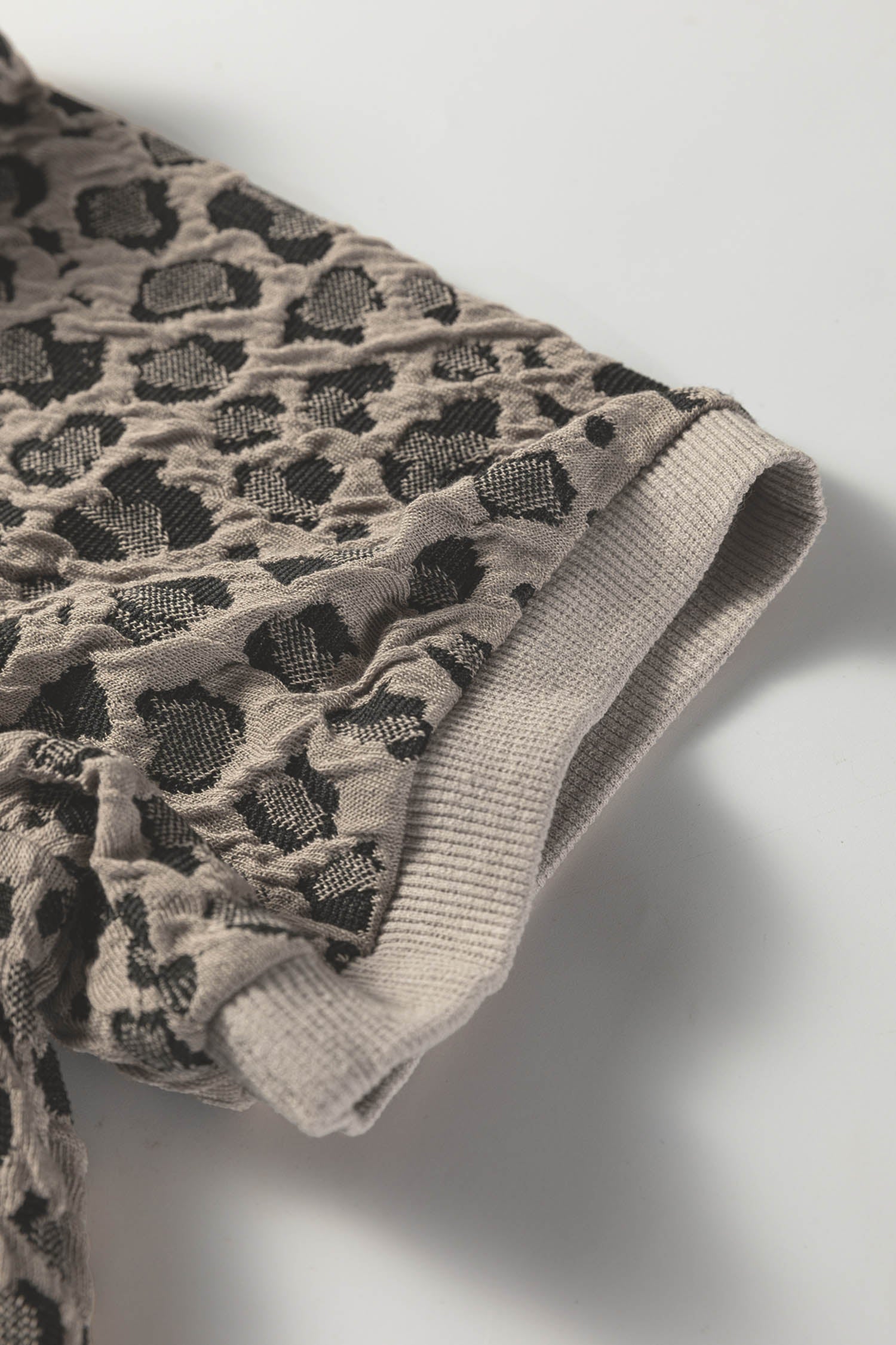 Khaki Textured Leopard Print Crew Neck Short Sleeve Top