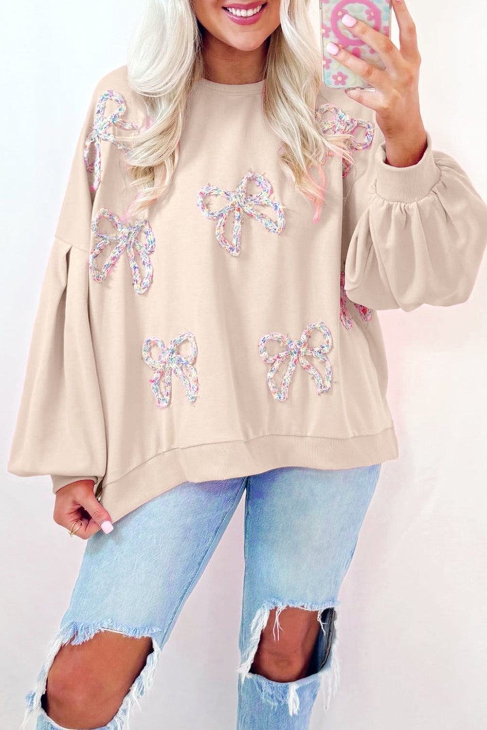 Light Pink Embroidered Bow Lantern Sleeve Oversized Pullover Sweatshirt