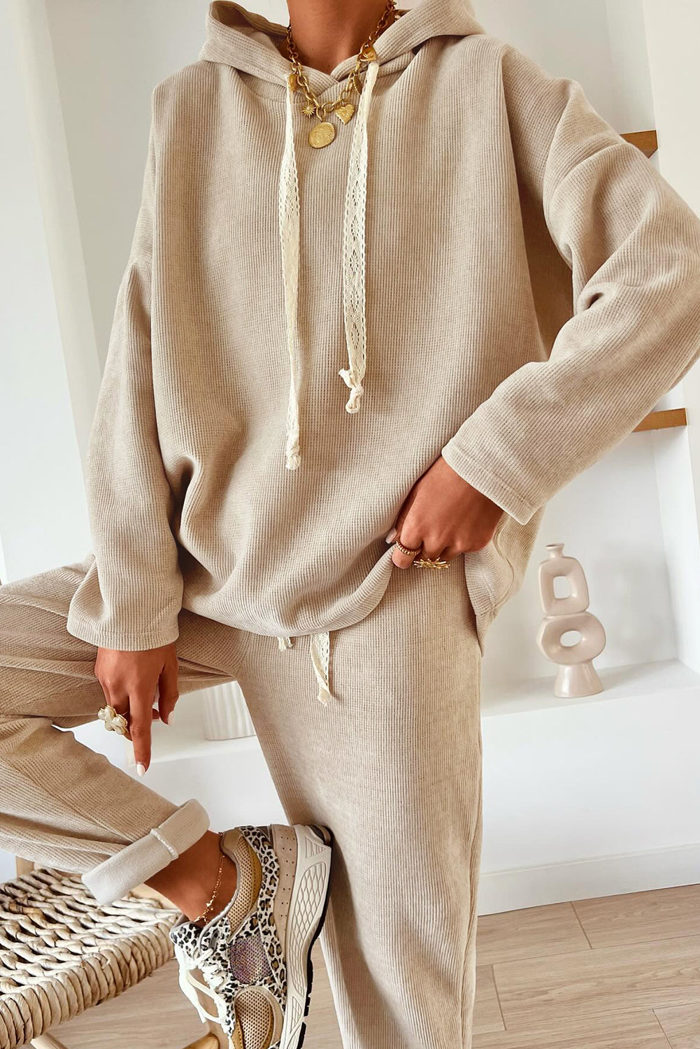 Casual Lace Drawstring Pullover Hoodie and High Waist Pants Corduroy Suit